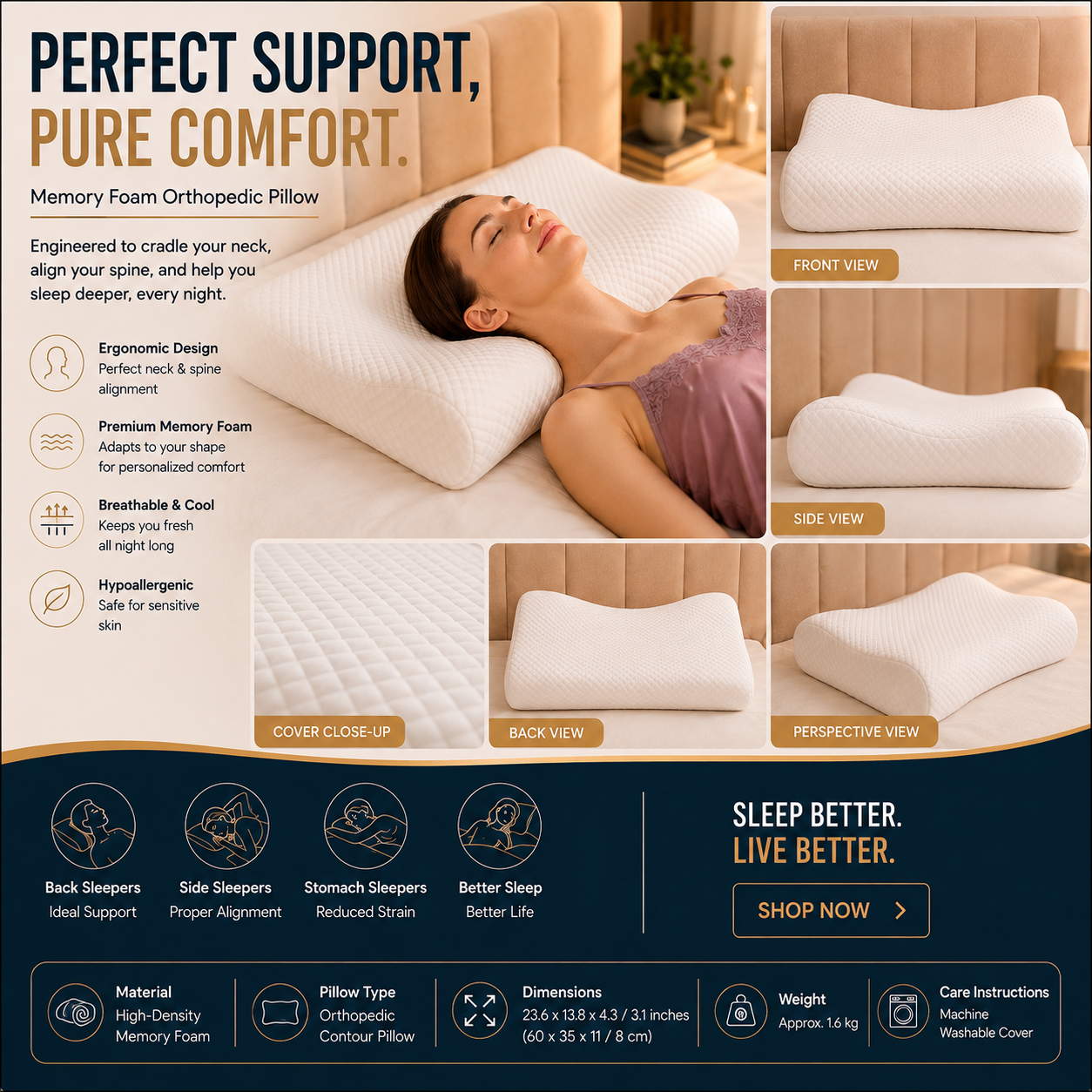Memory Foam Solid Orthopaedic  Pillow White
