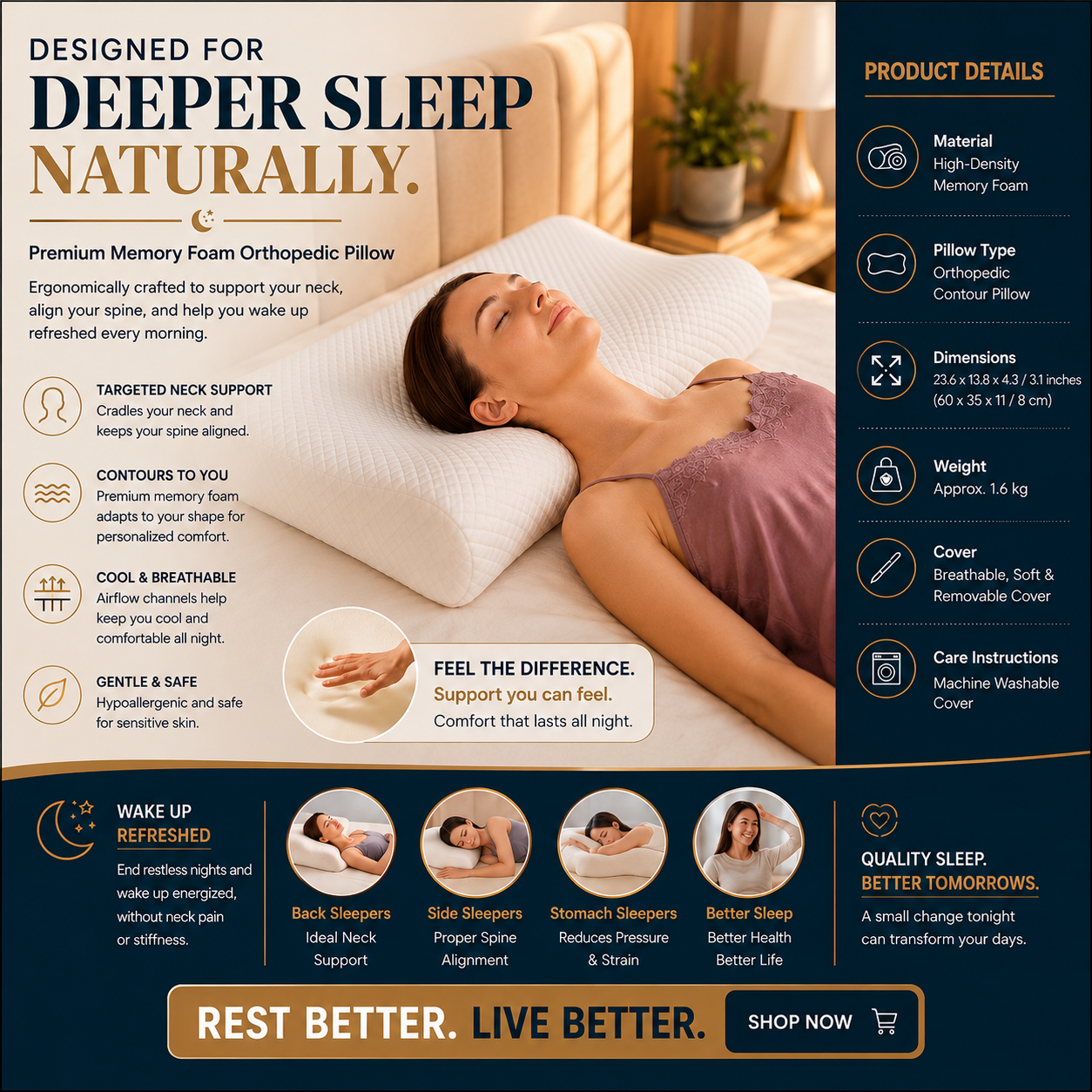 Memory Foam Solid Orthopaedic  Pillow White